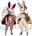 accessory animal_humanoid big_breasts blue_eyes breasts clothing dark_body dark_skin duo female footwear hair hair_accessory huge_breasts humanoid jacket lagomorph lagomorph_humanoid leporid_humanoid long_hair mammal mammal_humanoid rabbit_humanoid red_eyes shoes simple_background smile standing thick_thighs topwear tres_(zanamaoria) velvet_(zanamaoria) white_hair wide_hips zanamaoria