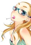  blonde_hair blue_eyes breasts candy cleavage dekomegane earrings eyebrows food forehead glasses jewelry lollipop long_hair mouth_hold original sasetsu small_breasts solo upper_body 