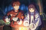  1boy 1girl bowl brown_eyes cooking cooking_pot expressionless fern_(sousou_no_frieren) fingerless_gloves fire forest gloves holding holding_bowl holding_spoon long_hair long_sleeves looking_at_another nature night nyoro_(nyoronyoro000) open_mouth purple_eyes purple_hair red_hair scarf short_hair sousou_no_frieren spoon stark_(sousou_no_frieren) winter_clothes 