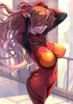  1girl alternate_breast_size ass blue_eyes bodysuit breasts brown_hair commentary_request covered_nipples hands_in_own_hair highres impossible_bodysuit impossible_clothes interface_headset kawaraya_a-ta large_breasts long_hair neon_genesis_evangelion paid_reward_available plugsuit railing red_bodysuit skin_tight solo souryuu_asuka_langley test_plugsuit textless_version very_long_hair walkway 