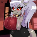 absurd_res anthro background_character big_breasts breasts butt canid canid_demon clothed clothing demon detailed_background digital_media_(artwork) female fennythefox fur hair hand_on_breast hazbin_hotel hellhound hi_res huge_breasts mammal open_mouth simple_background smile solo tail thick_thighs