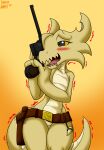 2023 anthro aroused belt_only black_eyes blush breasts brown_belt featureless_breasts featureless_crotch female flat_chested gun gun_holster hi_res holding_gun holding_object holding_weapon kobold mauser_c96 mostly_nude notched_ear open_mouth ranged_weapon sandwich-anomaly scales scalie shaking simple_background solo sulfur_(sandwich-anomaly) tail trembling trigger_discipline weapon yellow_body yellow_scales yellow_sclera