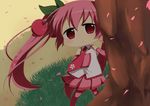  cherry chibi detached_sleeves food fruit hatsune_miku long_hair n39 necktie petals pink_hair red_eyes sakura_miku skirt sleeves_past_wrists solo thighhighs tree twintails very_long_hair vocaloid 