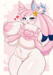 &lt;3 absurd_res anthro areola big_breasts blue_eyes blush blush_lines breasts eeveelution female fur generation_6_pokemon gesture hand_heart hi_res huge_breasts huge_thighs hyper hyper_breasts looking_at_viewer multicolored_body multicolored_fur nintendo nipples nude open_mouth pink_body pink_fur pokemon pokemon_(species) smile solo standing sylveon tailzkim thick_thighs unknown_character white_body white_fur wide_hips