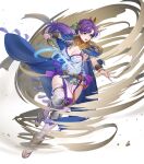  1girl attack earrings fire_emblem fire_emblem:_the_binding_blade fire_emblem_heroes hanusu highres holding holding_sword holding_weapon jewelry juno_(fire_emblem) juno_(nimble_grace)_(fire_emblem) non-web_source official_alternate_costume official_art open_mouth pelvic_curtain purple_eyes purple_hair simple_background solo sword tassel tassel_earrings v-shaped_eyebrows weapon whirlwind white_background 