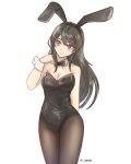  1girl absurdres animal_ears black_hair bow breasts detached_collar fake_animal_ears hair_ornament hairclip highres leotard long_hair looking_at_viewer naoel_(naoel_art) pantyhose playboy_bunny rabbit_ears sakurajima_mai seishun_buta_yarou smile solo 