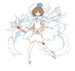  1girl :o absurdres antenna_hair black_outline blue_gemstone breasts brown_hair card cardcaptor_sakura clow_card crown dot_nose dress fenghu_(huli) floating full_body gem gloves green_eyes high_heels highres holding holding_card holding_wand hoshi_no_tsue kinomoto_sakura looking_at_viewer magical_girl open_mouth outline short_hair simple_background sleeveless sleeveless_dress small_breasts solo tachi-e wand white_background white_dress white_gloves white_wings winged_wand wings 