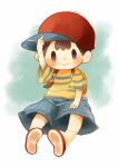  1boy baseball_cap black_hair blue_shorts closed_mouth full_body hat hitofutarai looking_at_viewer male_focus mother_(game) mother_2 ness_(mother_2) red_footwear red_headwear shirt short_sleeves shorts sitting smile socks solid_oval_eyes solo striped_clothes striped_shirt white_socks 
