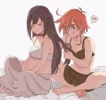  2girls :q ange_(angeban93) black_bra black_shorts blue_eyes blush bra breasts brushing_another&#039;s_hair brushing_hair cleavage closed_mouth flip_flappers indian_style long_hair long_skirt medium_breasts mimi_(flip_flappers) multiple_girls navel on_bed papika_(flip_flappers) pregnant shorts simple_background sitting skirt smile tongue tongue_out underwear white_background white_bra white_skirt yuri 