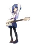  1girl absurdres arms_behind_head arms_up bass_guitar black_pantyhose blue_hair bocchi_the_rock! expressionless fender_precision_bass full_body highres instrument knees_apart_feet_together leaning_back loafers mole mole_under_eye nakamori_kemuri pantyhose school_uniform shimokitazawa_high_school_uniform shoes solo tying_hair white_background yamada_ryo yellow_eyes 