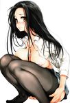  absurdres bikini_top black_hair blush breast_press breasts comic_hotmilk embarrassed feet highres ishikei large_breasts long_hair looking_at_viewer open_clothes open_shirt pantyhose school_uniform shirt simple_background skirt solo squatting white_background yellow_eyes 