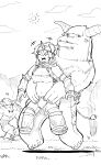  1girl absurdres character_request closed_eyes fur_trim hairband highres horns kirin_(armor) lifting_person lineart midriff monochrome monster_hunter_(series) niwarhythm open_mouth single_horn smile solo_focus strapless thighhighs tube_top 