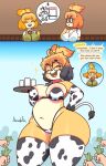 absurd_res animal_crossing animal_print anthro areola areola_slip bikini biped blonde_hair breasts camel_toe canid canine canis clothed clothing cow_print derpybelle domestic_dog english_text eyewear female glasses hair hi_res isabelle_(animal_crossing) jhenightfox legwear mammal money nintendo shih_tzu swimwear text thick_thighs thigh_highs toy_dog wearing_glasses