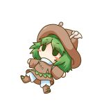  1other absurdres amanomori_shou androgynous antennae baila_kuangzi brown_footwear brown_headwear brown_skirt brown_sleeves brown_vest chibi chinese_commentary commentary_request detached_sleeves green_eyes green_hair hat highres len&#039;en lying medium_hair no_mouth no_nose on_back other_focus pants simple_background skirt solo sweater transparent_background vest white_pants white_sweater 