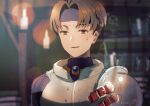  1boy armor book brown_eyes brown_hair candle denim_powell highres jewelry looking_at_viewer male_focus miyama_(lacrima01) open_mouth short_hair signature smile solo sweatdrop tactics_ogre 