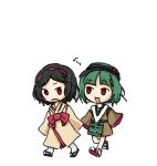  2others absurdres androgynous anger_vein baila_kuangzi black_hairband brown_shirt brown_skirt brown_sleeves chibi chinese_commentary commentary_request detached_sleeves green_hair hairband highres japanese_clothes kimono len&#039;en long_sleeves multiple_others no_nose open_mouth other_focus red_eyes red_hairband red_ribbon red_trim ribbon shirt short_hair simple_background skirt sleeves_past_fingers sleeves_past_wrists smile socks taira_no_chouki taira_no_chouki_(living) taira_no_fumikado taira_no_fumikado_(human) walking white_background white_socks yellow_kimono 