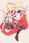  2boys armor blonde_hair blue_eyes cape crown death_should_not_have_taken_thee!_(vocaloid) genderswap hair_ornament hairclip jumping kagamine_len kagamine_rin knight multiple_boys open_mouth pink_background polearm ponytail saya556 shorts simple_background smile spear sweatdrop tongue tongue_out vocaloid weapon wink 