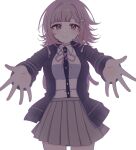  1girl backpack bag breasts chi_gu collared_shirt cowboy_shot danganronpa_(series) danganronpa_2:_goodbye_despair galaga hair_ornament highres long_sleeves looking_at_viewer medium_hair nanami_chiaki neck_ribbon outstretched_arms pink_eyes pink_hair pink_ribbon pleated_skirt reaching reaching_towards_viewer ribbon shirt shirt_tucked_in skirt smile solo spread_fingers white_background white_shirt 