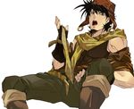  aviator_cap black_hair boots fingerless_gloves gloves hat jacket jojo_no_kimyou_na_bouken joseph_joestar_(young) male_focus plussalad scarf sitting solo 