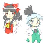  2girls :d aqua_vest ascot blue_hair bow buttons collared_shirt detached_sleeves flat_chest frilled_ascot frilled_bow frilled_hair_tubes frills grey_eyes grey_hair grey_hairband grey_ribbon hair_bow hair_tubes hairband hakurei_reimu konpaku_youmu light_blue_hair long_hair multiple_girls neck_ribbon nonamejd official_style paw_print paw_print_pattern puffy_short_sleeves puffy_sleeves red_bow red_eyes ribbon shirt short_hair short_sleeves simple_background smile touhou vest white_background white_shirt white_sleeves wily_beast_and_weakest_creature yellow_ascot zun_(style) 