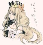  1girl blonde_hair butterfly_hair_ornament celine_(fire_emblem) closed_mouth crown detached_sleeves dress fire_emblem fire_emblem_engage green_eyes hair_ornament light_smile long_hair portrait solo umi_(_oneinchswing) wavy_hair white_background white_dress 