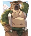 absurd_res anthro asian_clothing belly brown_body brown_fur canid canine canis clothing domestic_dog east_asian_clothing eyebrows fur hi_res jacket japanese_clothing lifewonders male mammal mawashi musclegut navel nipples okentya pecs scar shirtless solo thick_eyebrows tokyo_afterschool_summoners topwear yasuyori