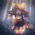  animal_ears blush breasts brown_eyes brown_hair dhole_(kemono_friends)_(old_design) dog_ears dog_tail elbow_gloves fang finger_to_mouth forest fur_collar gloves highres kemono_friends kemono_friends_3 large_breasts long_hair looking_at_viewer mo23 multicolored_hair nature open_mouth shirt short_sleeves skindentation skirt smile tail thighhighs vest white_hair yellow_eyes zettai_ryouiki 