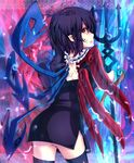  ass asymmetrical_wings backless_outfit black_dress black_hair black_legwear dress highres houjuu_nue looking_at_viewer looking_back peso_(cheese_company) pointy_ears polearm red_eyes snake solo thighhighs touhou trident weapon wings zettai_ryouiki 