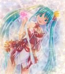 artist_name detached_sleeves green_eyes green_hair hatsune_miku long_hair mayo_riyo open_mouth project_diva_(series) project_diva_2nd skirt solo traditional_media twintails very_long_hair vocaloid 