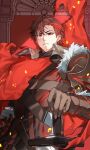  1boy absurdres armor brown_gloves cape closed_mouth diamant_(fire_emblem) fire_emblem fire_emblem_engage fur_trim gloves highres hmmjust_0000 looking_at_viewer male_focus red_cape red_eyes red_hair short_hair shoulder_armor solo sword upper_body weapon 