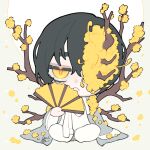  1boy :&lt; black_hair chibi closed_mouth coat flower folding_fan grey_coat hair_flower hair_ornament hand_fan holding holding_fan limbus_company long_sleeves looking_at_viewer pants project_moon satome_setsuko simple_background sitting solo white_background white_hanbok white_pants yellow_eyes yellow_flower yi_sang_(project_moon) 