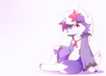 2021 absurd_res ambiguous_gender anthro clothing flower fur generation_7_pokemon hi_res kinozel leg_markings lycanroc markings midnight_lycanroc nintendo one_eye_closed plant pokemon pokemon_(species) purple_body purple_fur signature simple_background sitting socks_(marking) solo white_body white_fur wink