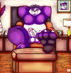 anthro balls bear chubby_anthro chubby_male claws detailed_background digital_media_(artwork) erection feet foot_fetish genitals giant_panda hi_res living_room male mammal nipples nude overweight overweight_male panfluff_(xpanda6) pawpads paws penis purple_body red_panda_mirr solo solo_focus