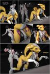 3d_(artwork) all_fours alstri anthro ballbusting bandai_namco cock_and_ball_torture comic dialogue digimon digimon_(species) digital_media_(artwork) dominant dominant_female duo english_text female fight flaccid foreskin genital_torture genitals hi_res kick_in_the_balls male male/female nude on_ground penis renamon source_filmmaker text wide_stance