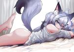  1girl ahoge animal_ear_fluff animal_ears ass black_hair blue_eyes bottomless curtains dog_ears dog_girl dog_tail english_commentary feet_up feindall from_side fur_hair_tie gradient_hair grey_hair hair_between_eyes hair_ornament hair_tie highres indie_virtual_youtuber light_blush looking_at_viewer lying multicolored_hair off_shoulder on_stomach scissors_hair_ornament shirt signature slit_pupils smiley_hair_ornament snowflake_hair_ornament solo tail the_pose thighs two_side_up virtual_youtuber white_shirt x_hair_ornament yukine_olwin 