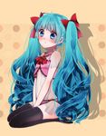  aqua_hair blue_eyes blush bow hair_bow hatsune_miku kan_(sagasaga123) long_hair seiza sitting solo thighhighs twintails very_long_hair vocaloid 