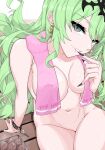  1girl bearkim black_nails breasts collarbone earrings green_hair grin highres honkai_(series) honkai_impact_3rd hoop_earrings jewelry key long_hair looking_at_viewer mobius_(honkai_impact) navel nude pink_towel purple_eyes sitting smile solo teeth towel towel_around_neck 