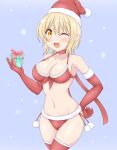  1girl arm_up bikini blonde_hair blush breasts choker elbow_gloves gift gloves hand_on_own_hip hat highres hoshikuzu_telepath navel one_eye_closed open_mouth red_bikini santa_bikini santa_hat short_hair snow swimsuit takaragi_haruno tansan_0 thighhighs thighs yellow_eyes 