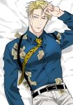  1boy alternate_eye_color animal_print belt black_belt blonde_hair blue_shirt collared_shirt cowboy_shot green_eyes grey_pants highres jujutsu_kaisen leopard_print long_sleeves looking_at_viewer lying male_focus mochiya_(mochiya0504) money nanami_kento necktie pants pectorals shirt short_hair solo suspenders yellow_necktie 