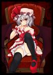  bat_wings black_legwear blush border chair chin_rest feet_on_chair hair_ribbon hat highres looking_at_viewer off_shoulder panties panty_pull pointy_ears red_eyes remilia_scarlet revision ribbon short_hair silver_hair sitting smile solo thighhighs touhou underwear utakata_(kochou_no_yume) white_panties windowboxed wings wrist_cuffs 