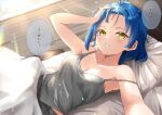 1girl armpits bare_shoulders bed_sheet blue_hair bocchi_the_rock! breasts cleavage clenched_teeth collarbone ear_piercing forehead grey_shirt hand_in_own_hair highres indoors kikugawa_roku looking_at_viewer lying medium_breasts mole mole_under_eye on_back on_bed piercing pillow reaching reaching_towards_viewer shirt solo speech_bubble strap_slip sunlight t-shirt teeth translated under_covers upper_body wooden_floor yamada_ryo 