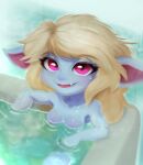 absurd_res areola blue_body breasts cute_fangs female hi_res humanoid humanoid_pointy_ears league_of_legends looking_at_viewer partially_submerged pink_eyes poppy_(lol) riot_games sauna short_stack small_breasts solo tonzy yordle