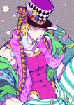  blonde_hair bubble bubble_blowing caesar_anthonio_zeppeli facial_mark fingerless_gloves gloves green_eyes green_jacket hat hat_feather jacket jobo_(isi88) jojo_no_kimyou_na_bouken leotard lips male_focus off_shoulder pants pink_leotard ribbon scarf solo striped striped_pants top_hat 