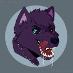 anthro black_sclera blue_eyes bodily_fluids canid canine canis chain_jewelry chain_necklace digital_media_(artwork) drooling fangs fur hair headshot_portrait heterochromia hi_res inner_ear_fluff jewelry looking_at_viewer male mammal mistystar necklace open_mouth portrait purple_body purple_fur purple_hair red_eyes saliva shaded simple_background smile solo solo_focus teeth tongue tongue_out tuft wolf