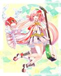  aomori_prefecture apple apple_hair_ornament bad_id bad_pixiv_id comin contest_winner fish food food_themed_hair_ornament fruit goldfish hair_ornament highres instrument legs magical_girl mahou_shoujo_taisen mahou_shoujo_taisen_contest_1 pink_eyes pink_hair seigaiha shamisen shiratori_neo shoes skirt 