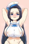  1girl areola_slip armpits arms_behind_head arms_up ascot black_hair blue_ascot blue_eyes breasts covered_nipples hat invincible_dragon_(last_origin) last_origin long_hair navel nonamejd open_mouth sailor_collar school_uniform serafuku shirt sideboob sleeveless sleeveless_shirt smile solo steaming_body sweat very_long_hair white_headwear white_sailor_collar white_shirt 