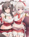  2girls admire_vega_(umamusume) animal_ears armpits bare_shoulders belt bow brown_belt brown_eyes brown_hair butterwabito cellphone christmas curren_chan_(umamusume) fur-trimmed_gloves fur-trimmed_legwear fur-trimmed_shirt fur-trimmed_shorts fur_trim garter_straps gloves hair_ornament hand_on_another&#039;s_shoulder hat highres horse_ears horse_girl horse_tail long_hair medium_hair microskirt midriff mistletoe multiple_girls phone pink_nails purple_eyes red_bow red_gloves red_shorts red_skirt santa_costume santa_gloves santa_hat selfie shirt shorts sitting skirt smartphone snowflake_hair_ornament tail taking_picture umamusume white_hair 