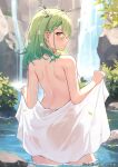  1girl antlers aqua_background ardenlolo bare_back blush breasts censored censored_nipples ceres_fauna character_censor closed_mouth covering_privates cowboy_shot earrings english_commentary eyelashes flower from_behind gradient_hair green_hair hair_flower hair_ornament highres hololive hololive_english jewelry large_breasts long_hair looking_at_viewer looking_back median_furrow mole mole_under_eye multicolored_hair novelty_censor nude nude_cover river sapling_(ceres_fauna) see-through shoulder_blades sideways_glance smile solo streaked_hair virtual_youtuber wading water waterfall wet_towel yellow_eyes 