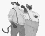 anthro cettus clothing domestic_cat dress_shirt duo felid feline felis hand_on_stomach hi_res karras_lafontaine male male/male mammal overweight overweight_male reuben_(derpoomer) shirt siamese stuffing suspenders topwear wardrobe_malfunction weight_gain whaleoil1