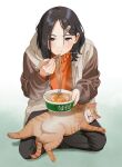  1girl animal_on_lap black_hair blush bowl brown_jacket cat chopsticks closed_mouth commentary_request eating food grey_eyes hair_ornament hairclip hand_up holding holding_bowl holding_chopsticks hood hooded_jacket jacket long_sleeves looking_at_viewer mattaku_mousuke noodles on_lap open_clothes open_jacket orange_sweater original pants ramen sitting steam sweater twitter_username watermark white_background zipper 